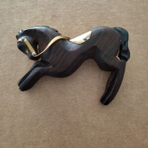 Vintage Carved Wooden Horse Brooch With Metal Accents